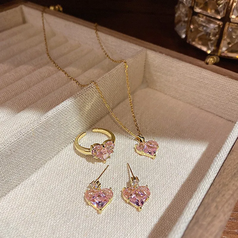 Women Fashion Pink Heart-Shaped Rhinestone Necklace Earrings Ring Jewelry Set