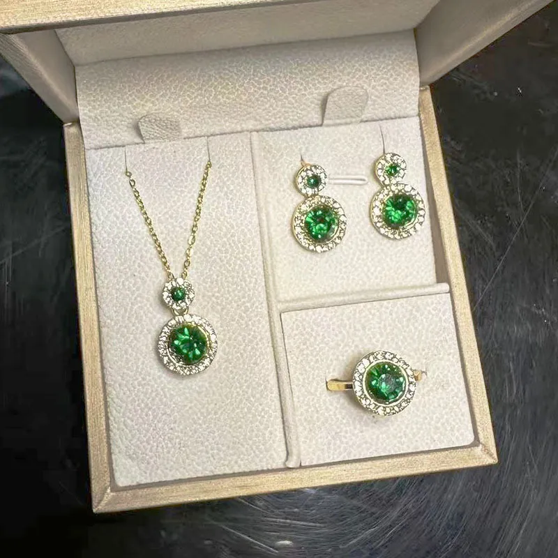 Women Fashion Vintage Emerald Round Rhinestone Necklace Ring Earrings Jewelry Set