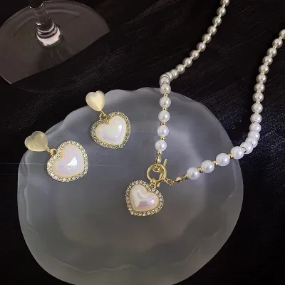 Women Fashion Simple Heart Pearl Necklace Earrings