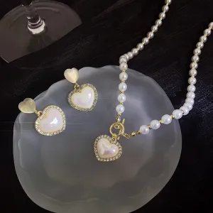 Women Fashion Simple Heart Pearl Necklace Earrings Set