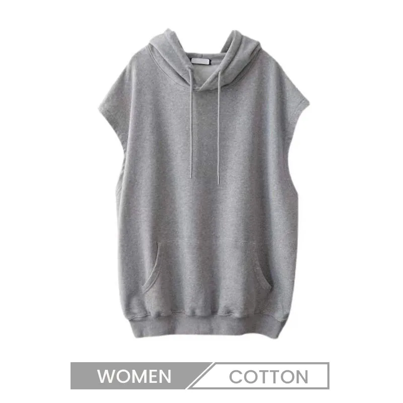 Spring And Autumn Loose Plus Size Simple Mid-Length Sleeveless Women Hoodie Pullover