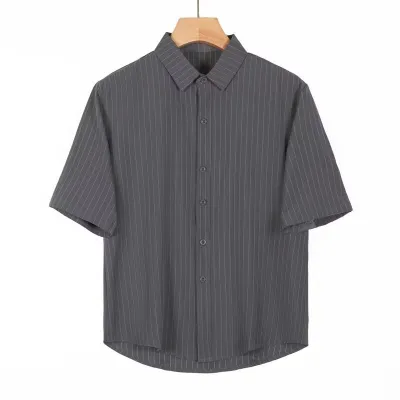 Men Casual Basic Stripe Print Plus Size Short Sleeve Lapel Cardigan Shirt