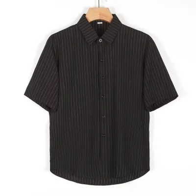 Men Casual Basic Stripe Print Plus Size Short Sleeve Lapel Cardigan Shirt