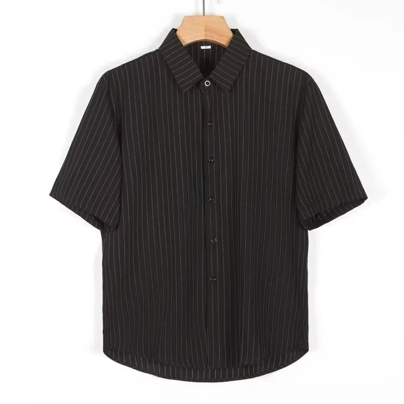 Men Casual Basic Stripe Print Plus Size Short Sleeve Lapel Cardigan Shirt