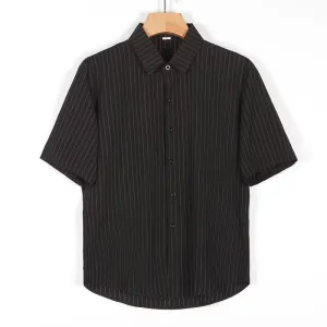 Men Casual Basic Stripe Print Plus Size Short Sleeve Lapel Cardigan Shirt