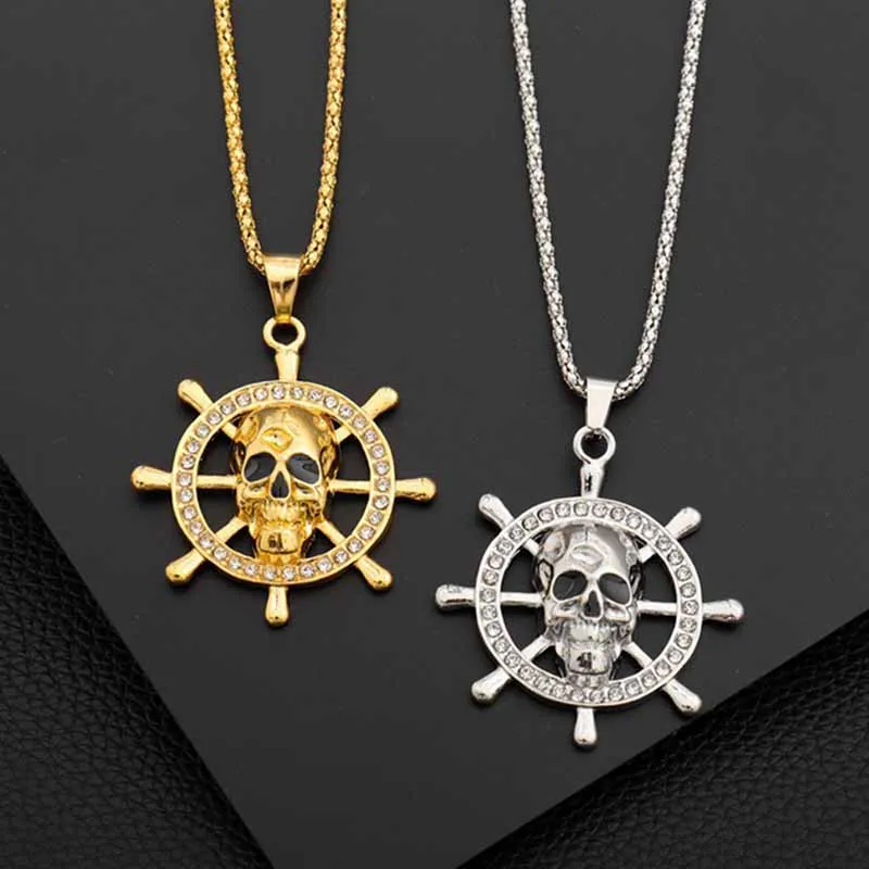 Men Fashion Casual Personality Hip Hop Skull Rudder Titanium Steel Necklace