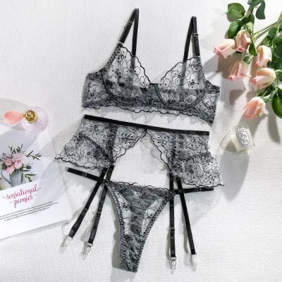 Women Sexy Mesh Perspective Lingerie Three-Piece Set
