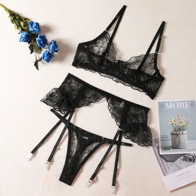 Women Sexy Mesh Perspective Lingerie Three-Piece Set