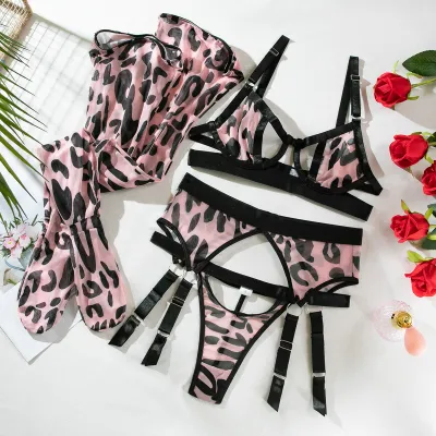 Women Leopard Printed Mesh Hollow-Out Sexy Bra Set