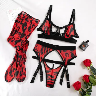 Women Leopard Printed Mesh Hollow-Out Sexy Bra Set