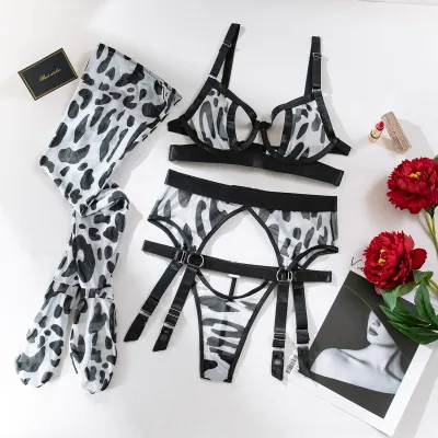Women Leopard Printed Mesh Hollow-Out Sexy Bra Set