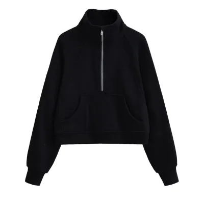 Casual Yoga Sports Loose Half Zipper Pullover Fleece-Lined Women Stand Collar Sweatshirt