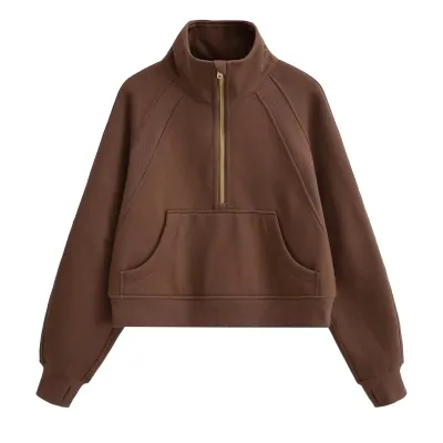 Casual Yoga Sports Loose Half Zipper Pullover Fleece-Lined Women Stand Collar Sweatshirt