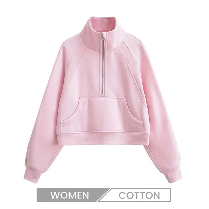 Casual Yoga Sports Loose Half Zipper Pullover Fleece-Lined Women Stand Collar Sweatshirt