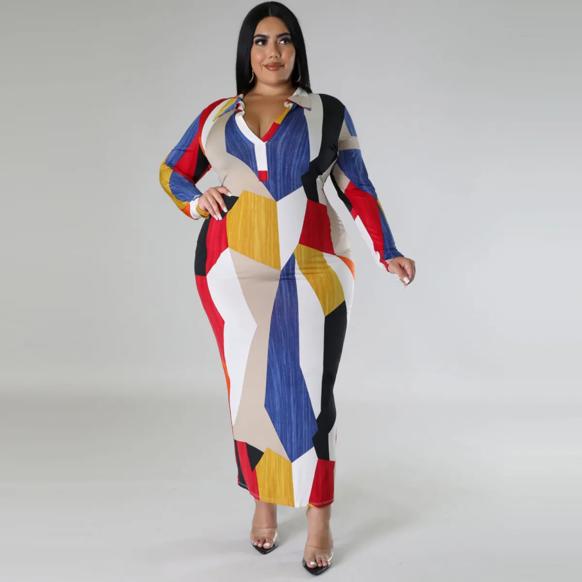Women Plus Size Lapel Geometric Gradient Print Long Sleeve Midi Dress