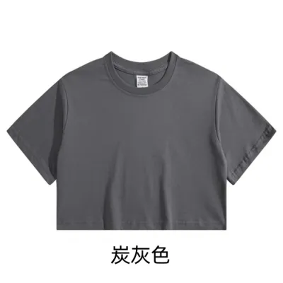 Summer Women Casual Solid Color Round Neck Short Sleeve Crop Cotton T-Shirt
