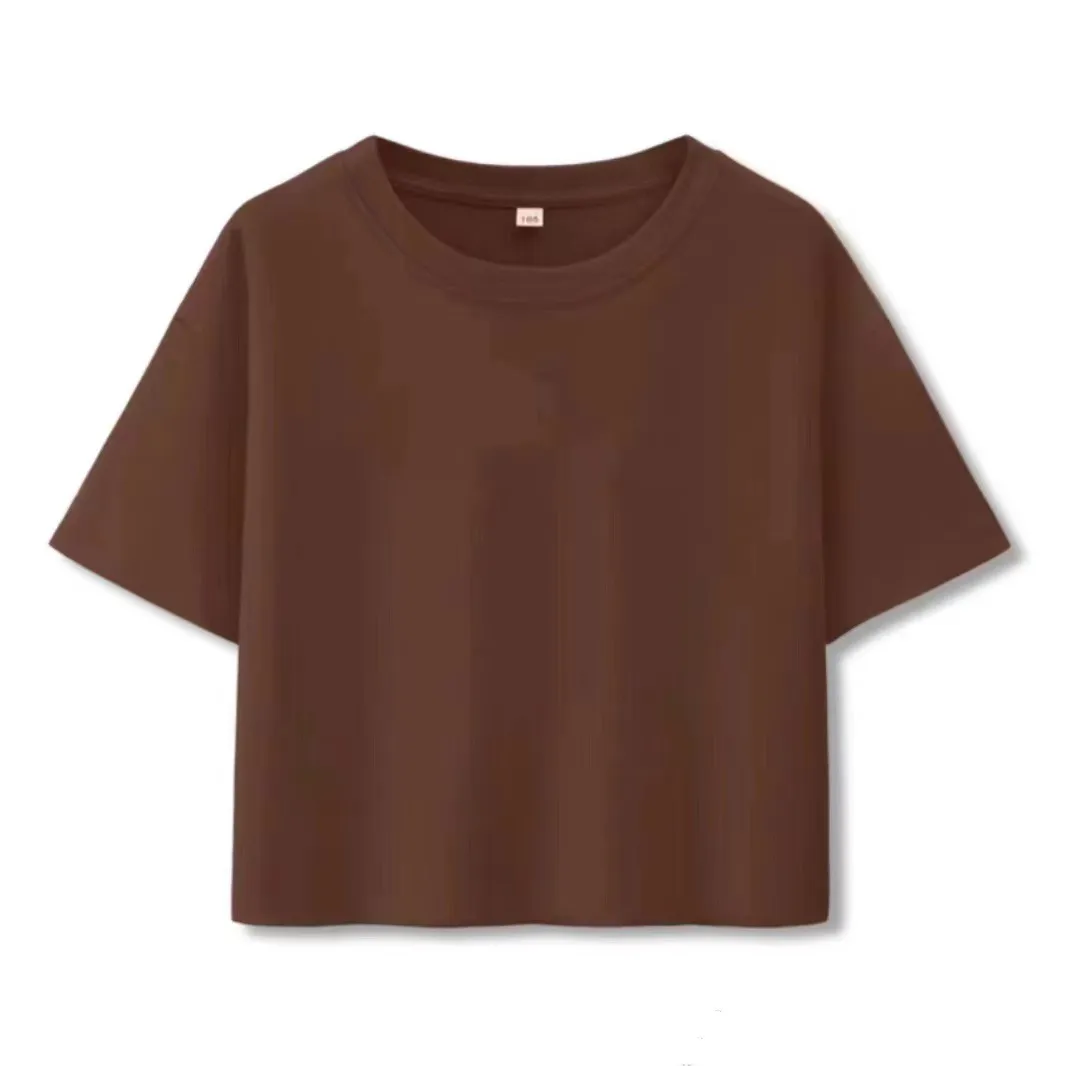 Summer Women Casual Solid Color Round Neck Short Sleeve Crop Cotton T-Shirt