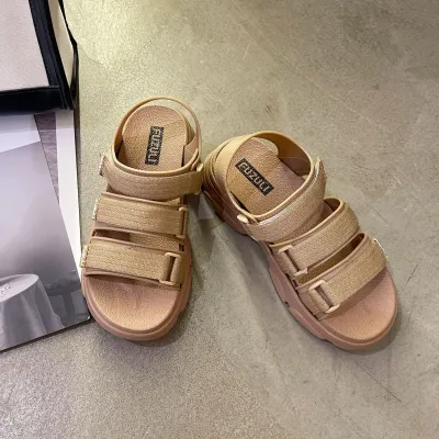 Summer Women Casual Solid Color Velcro Round Toe Thick-Soled Movement Sandals