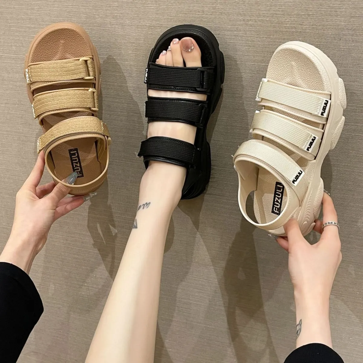 Summer Women Casual Solid Color Velcro Round Toe Thick-Soled Movement Sandals