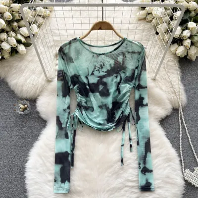 Women Fashion Tie-Dye Mesh Printed Drawstring Crewneck Long Sleeve Chiffon Blouse