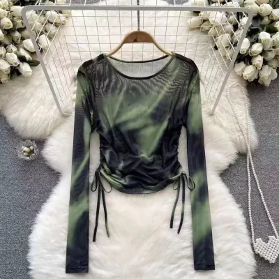 Women Fashion Tie-Dye Mesh Printed Drawstring Crewneck Long Sleeve Chiffon Blouse