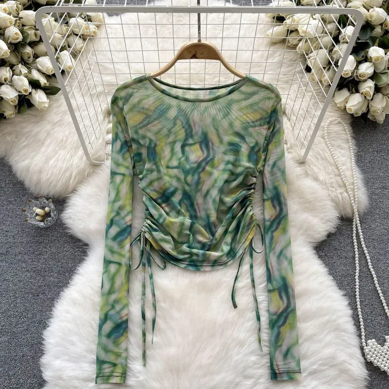 Women Fashion Tie-Dye Mesh Printed Drawstring Crewneck Long Sleeve Chiffon Blouse