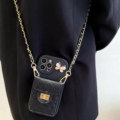 Women Fashion Butterfly Card Bag Crossbody Lanyard Apple Phone Case
