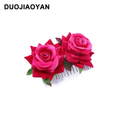 Women Double Flannel Rose Flower Bride Hair Comb Headdress