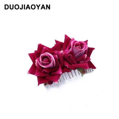 Women Double Flannel Rose Flower Bride Hair Comb Headdress