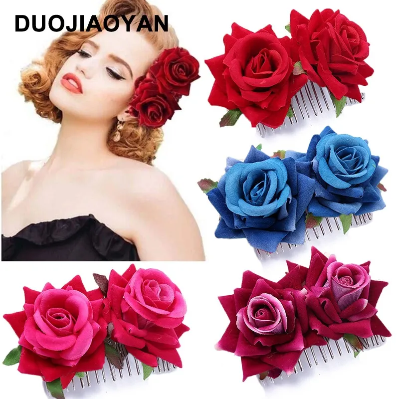 Women Double Flannel Rose Flower Bride Hair Comb Headdress