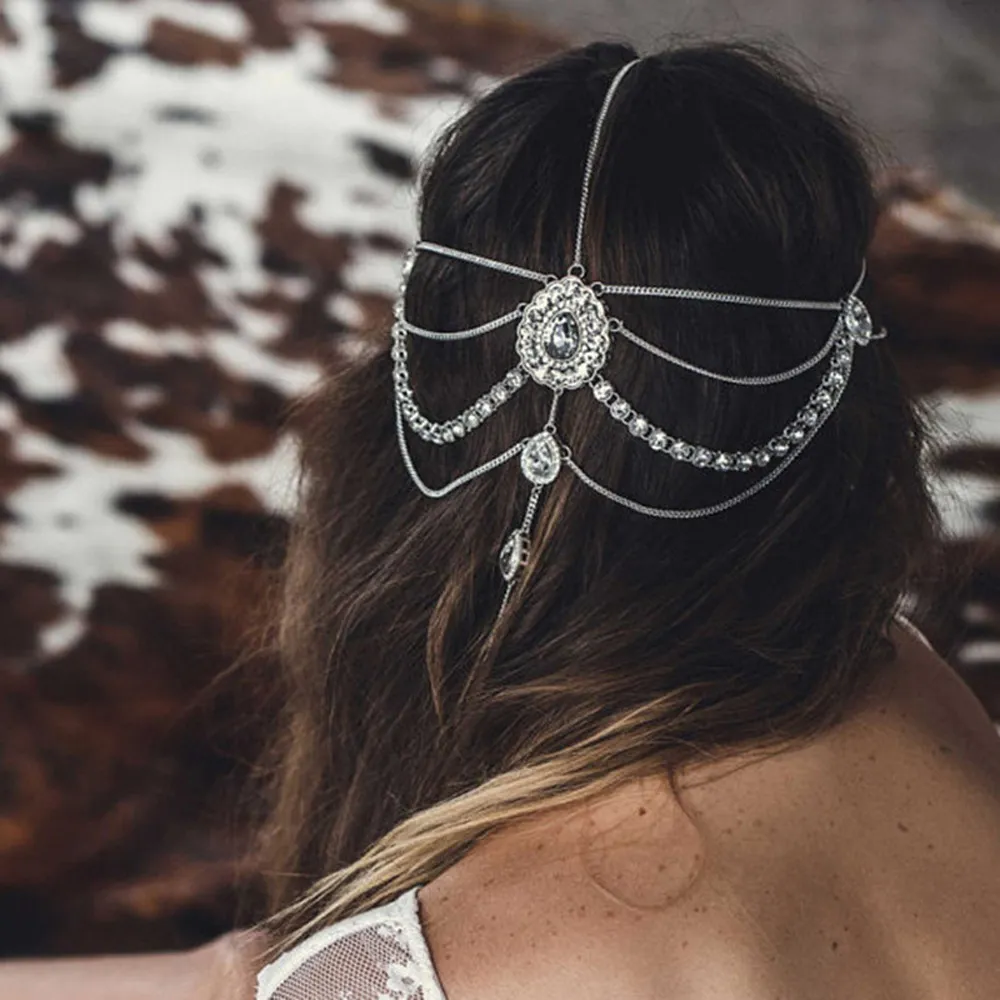 Women Fashion Exaggerated Ethnic Style Water Drops Full Diamond Tassel Hair Band