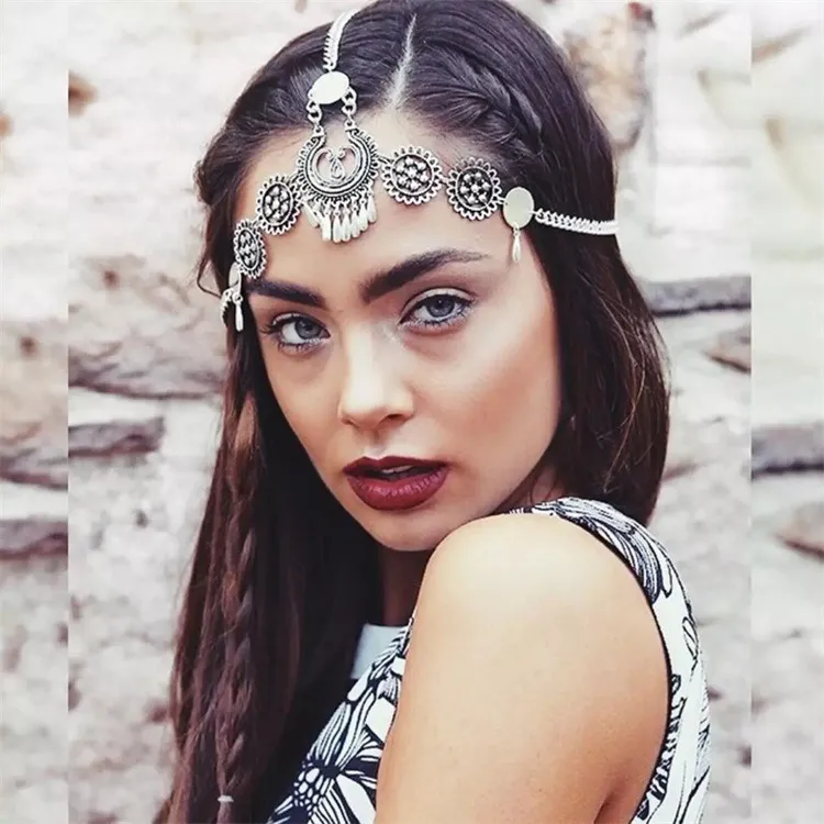 Women Retro Ethnic Metal Carved Water Drop Tassel Hair Chain