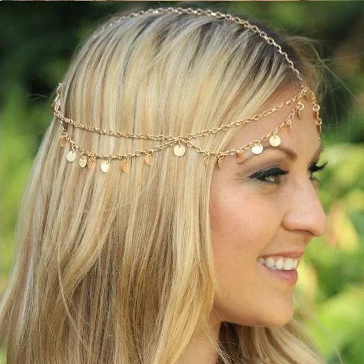 Women's Fashion Metal Wave Tassel Sequins Round Multi-Layer Hair Band Hair Accessories
