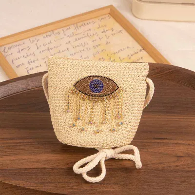 Kids Girls Fashion Casual Evil Eye Straw Woven Crossbody Bag