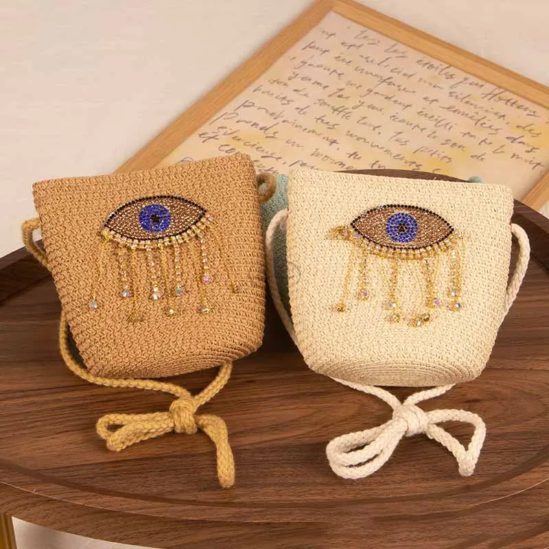 Kids Girls Fashion Casual Evil Eye Straw Woven Crossbody Bag