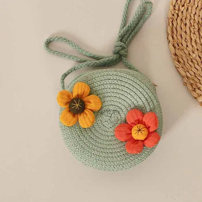 Kids Girls Casual Cute Cartoon Floral Straw Woven Crossbody Bag