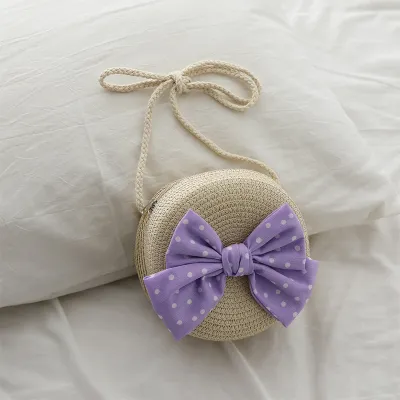 Kids Girls Casual Cute Bow Straw Woven Crossbody Bag For School