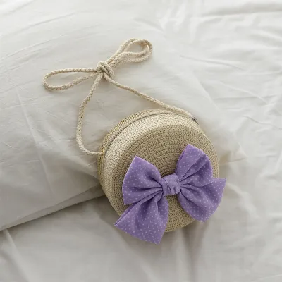 Kids Girls Casual Cute Bow Straw Woven Crossbody Bag For School