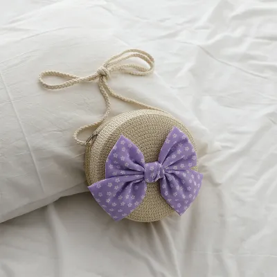 Kids Girls Casual Cute Bow Straw Woven Crossbody Bag For School