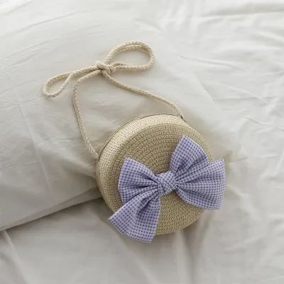 Kids Girls Casual Cute Bow Straw Woven Crossbody Bag For School