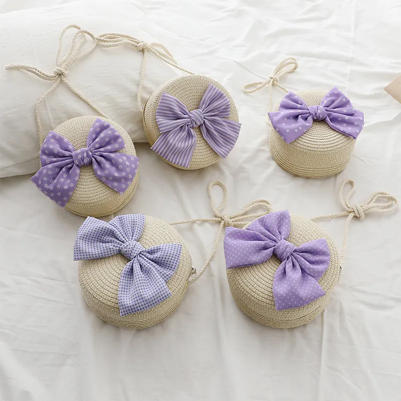 Kids Girls Casual Cute Bow Straw Woven Crossbody Bag For School