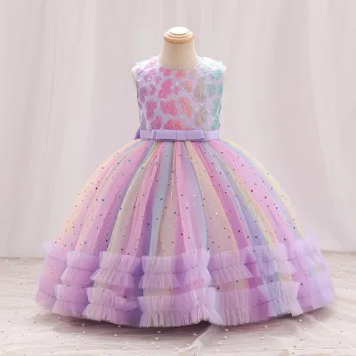Vestido de princesa sin mangas con tutú, lentejuelas, color degradado, malla, estilo casual y lindo para fiestas, para niñas pequeñas y mayores.