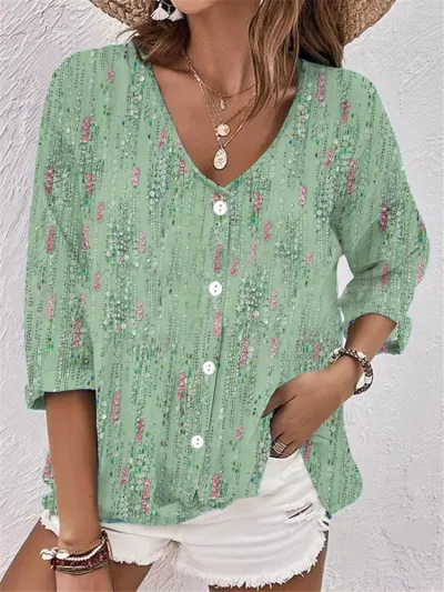 Summer Women Casual Floral Print V-Neck Chiffon Long Sleeve Blouse