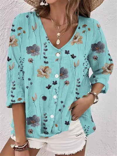 Summer Women Casual Floral Print V-Neck Chiffon Long Sleeve Blouse