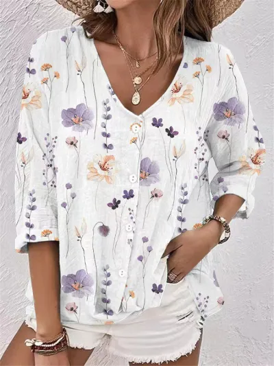 Summer Women Casual Floral Print V-Neck Chiffon Long Sleeve Blouse