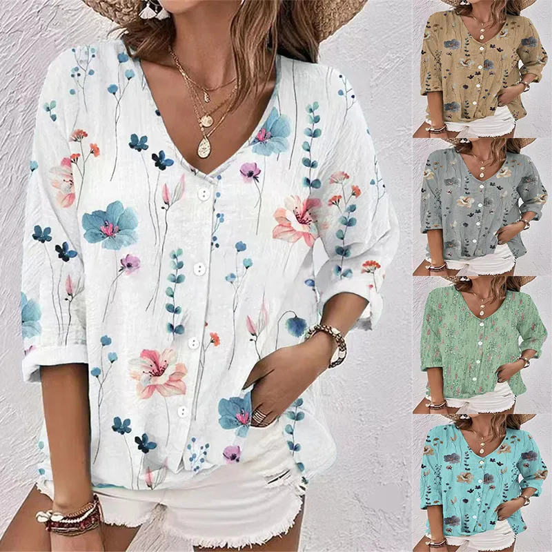 Summer Women Casual Floral Print V-Neck Chiffon Long Sleeve Blouse