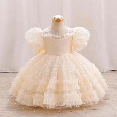 Vestido de princesa tutú con mangas abullonadas, estampado de lazo, estilo casual y lindo para niñas pequeñas.