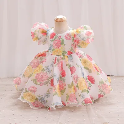Vestido de princesa tutú con mangas abullonadas y estampado floral para niñas pequeñas, estilo casual y adorable.