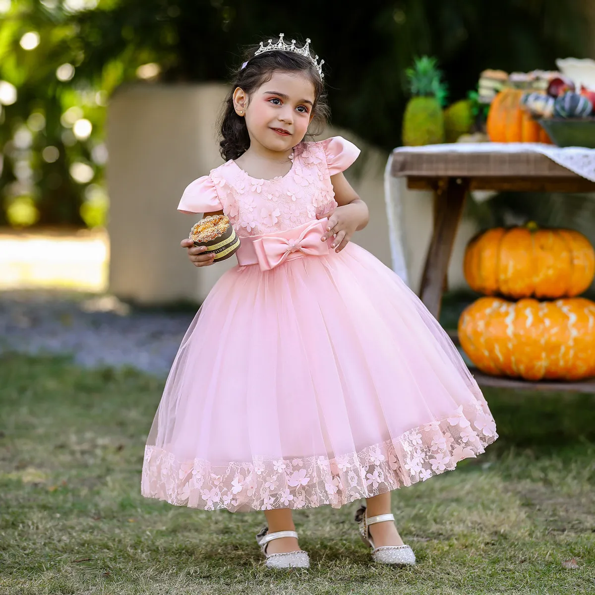 Kids Baby Girls Casual Cute Flower Bow Mesh Raglan Sleeve Tutu Princess Dress