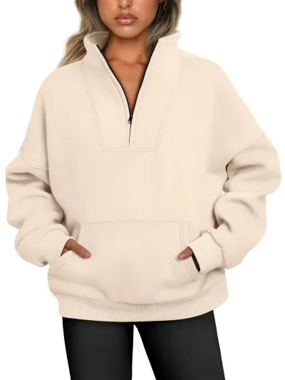 Autumn Winter Stand Collar Solid Color Half Zipper Women Casual Loose Sweatshirt